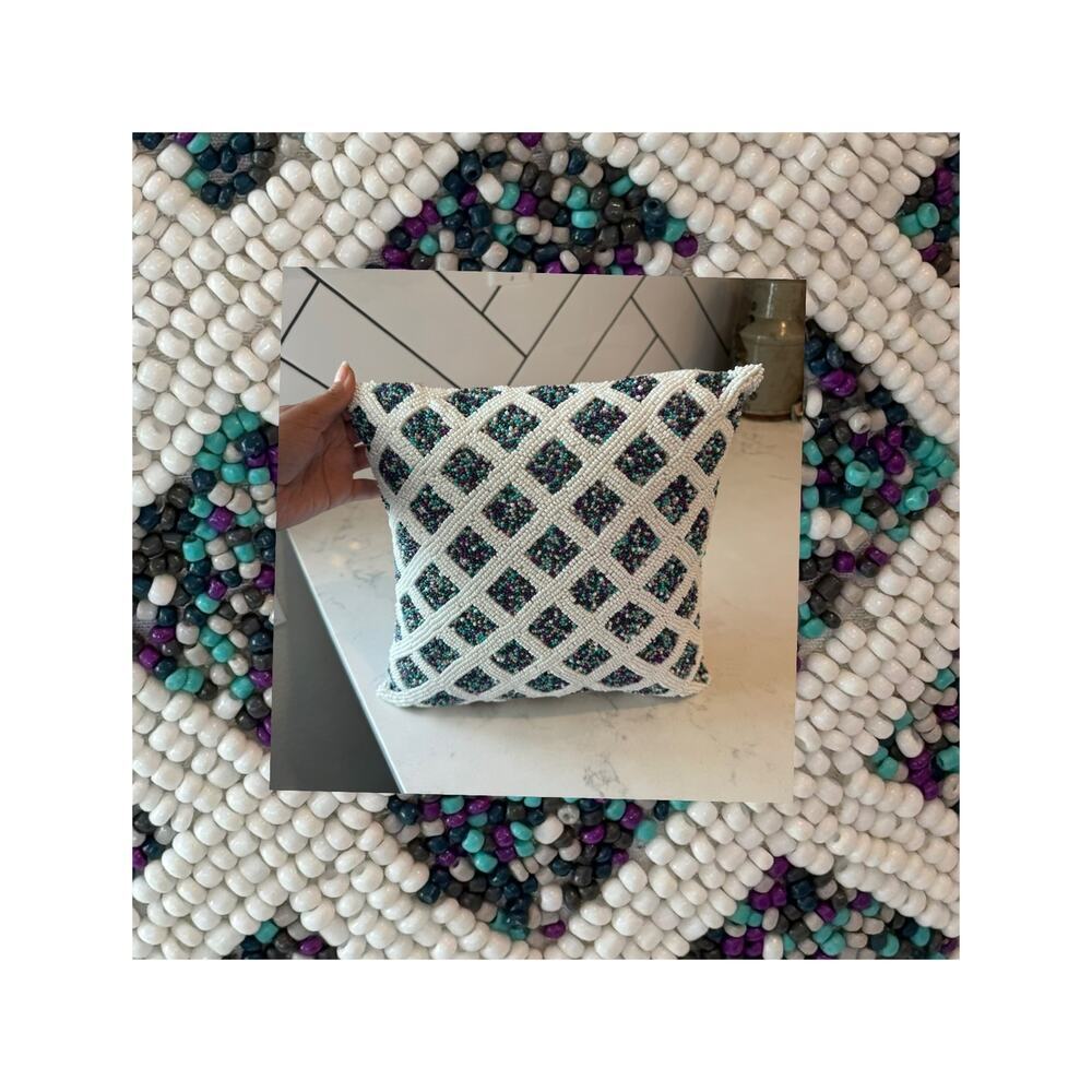 Tahari home heavily beaded purple teal white decorative square pillow accent